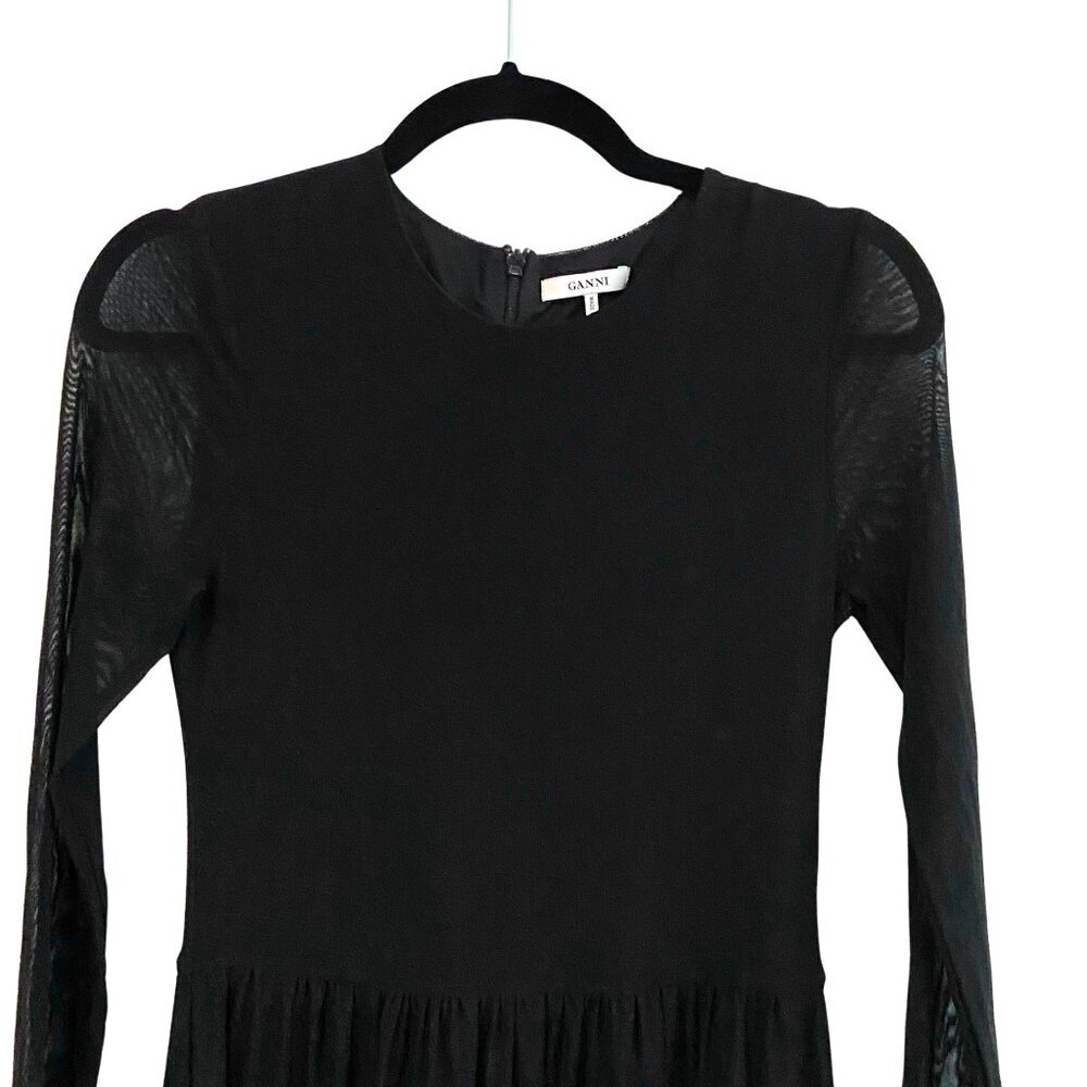 GANNI Addison Swiss Dot Black Mesh Maxi Dress Ruffle Hem, EU 36 US 4 Small - Picture 9 of 15